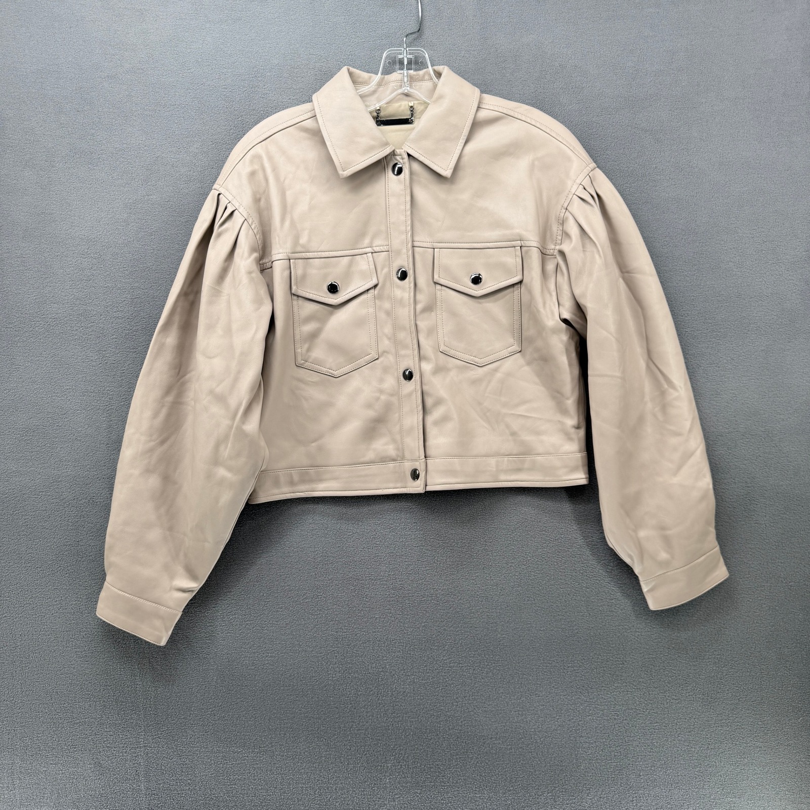 T Tahari Jacket Womens M Beige Faux Leather Cropped Puff Sleeve Snap Front Lined